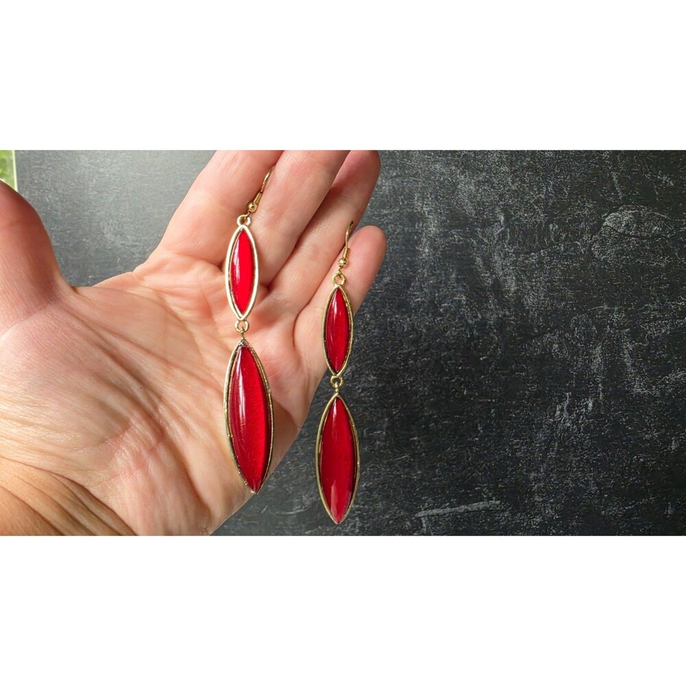 Red & Gold Tone Metal Beaded Dangling Pierced Earrings Vintage Costume Jewelry
